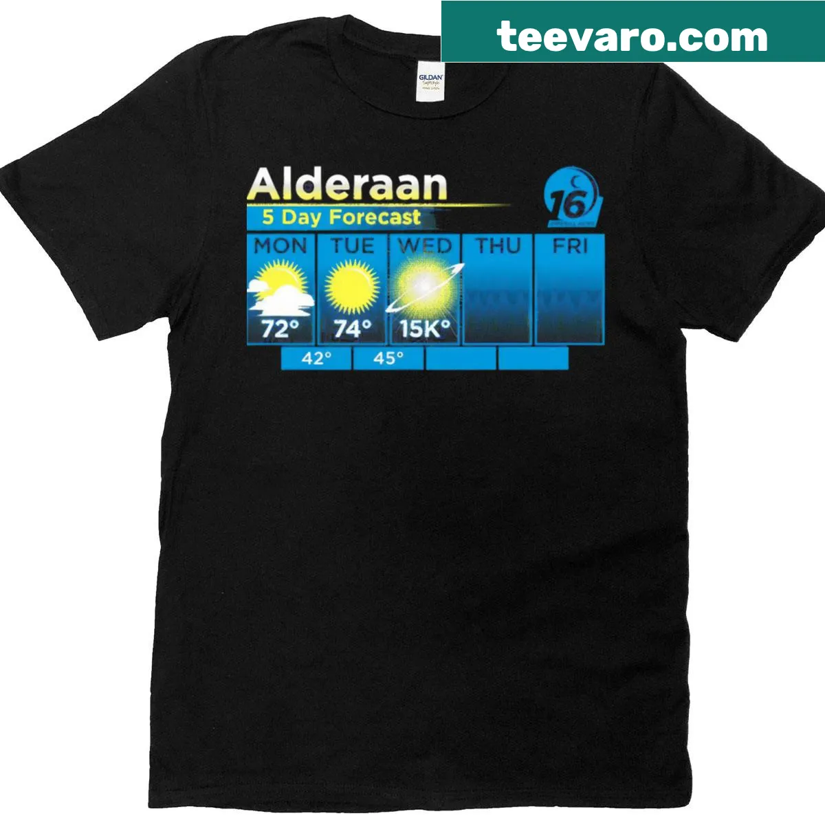 T-shirt with Alderaan 5 Day Forecast graphic and playful text — on a men's t-shirt