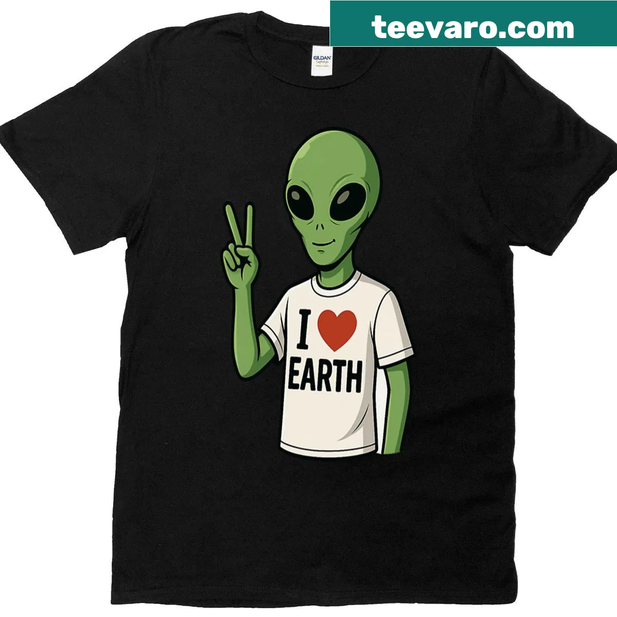 Playful alien character holding an 'I Earth' sign on a t-shirt. — on a men's t-shirt