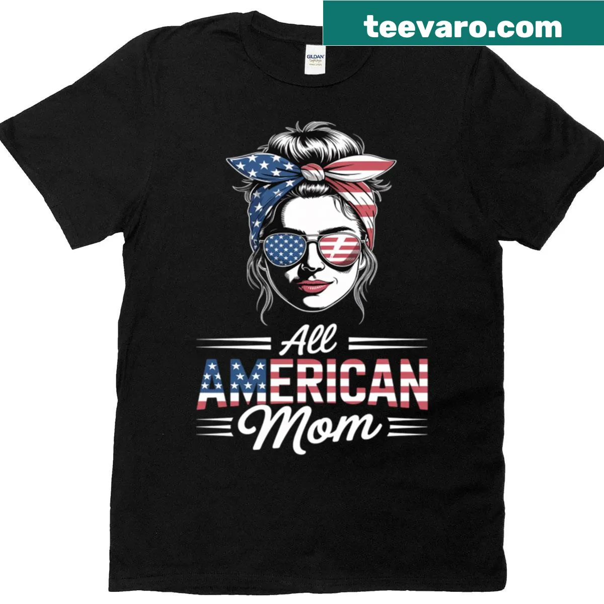 Vintage-style 4th of July T-shirt with a mom in a messy bun and patriotic text — on a men's t-shirt