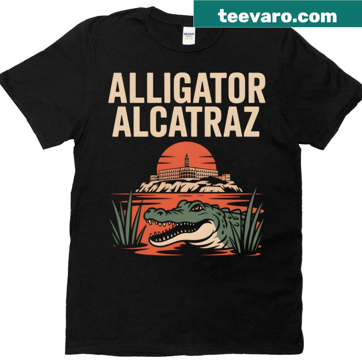 Vintage graphic T-shirt featuring an alligator under a sunset in a prison scene — on a men's t-shirt