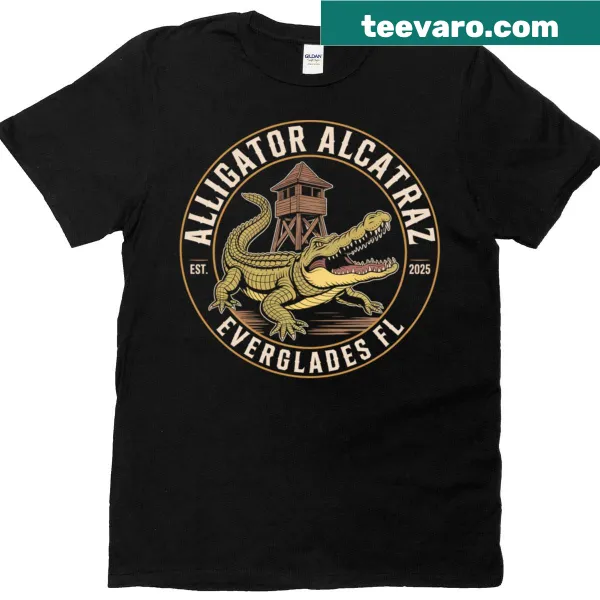 Whimsical alligator graphic on Alcatraz Everglades t-shirt