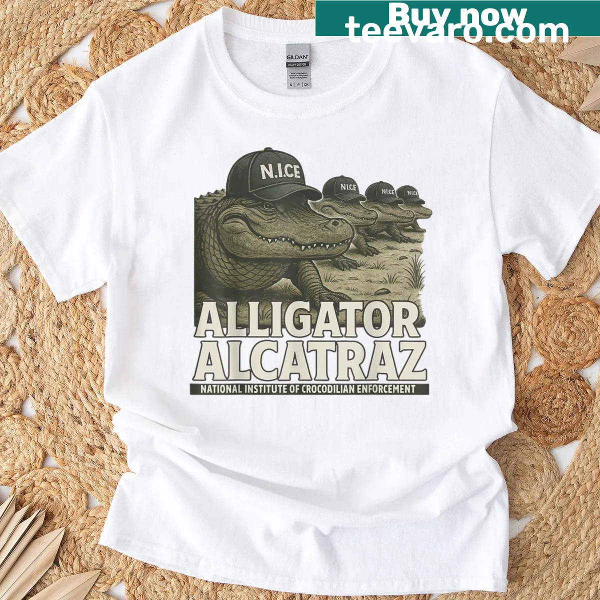 Cartoon alligator parody design inspired by Alcatraz — on a men's t-shirt