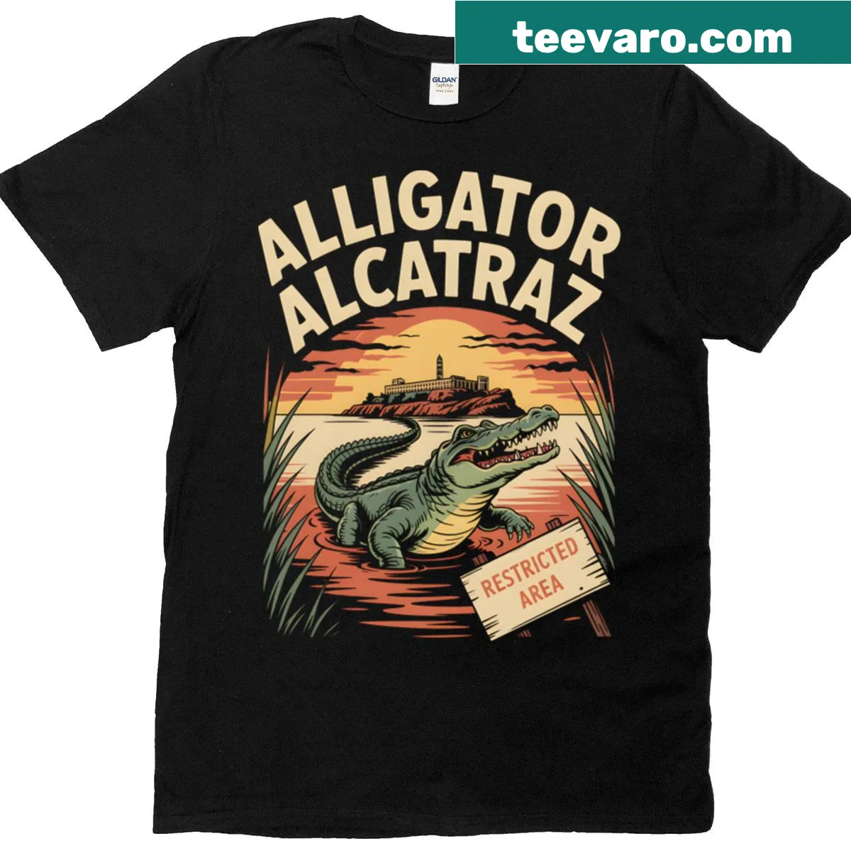 Retro sunset design T-shirt with cartoon alligator and warning sign — on a men's t-shirt