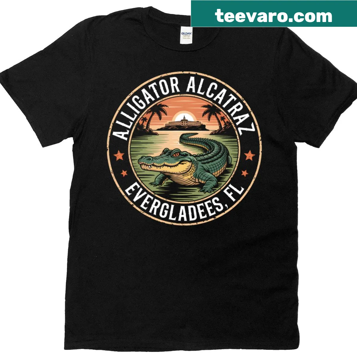 Vintage emblem T-shirt featuring alligator and retro prison design — on a men's t-shirt