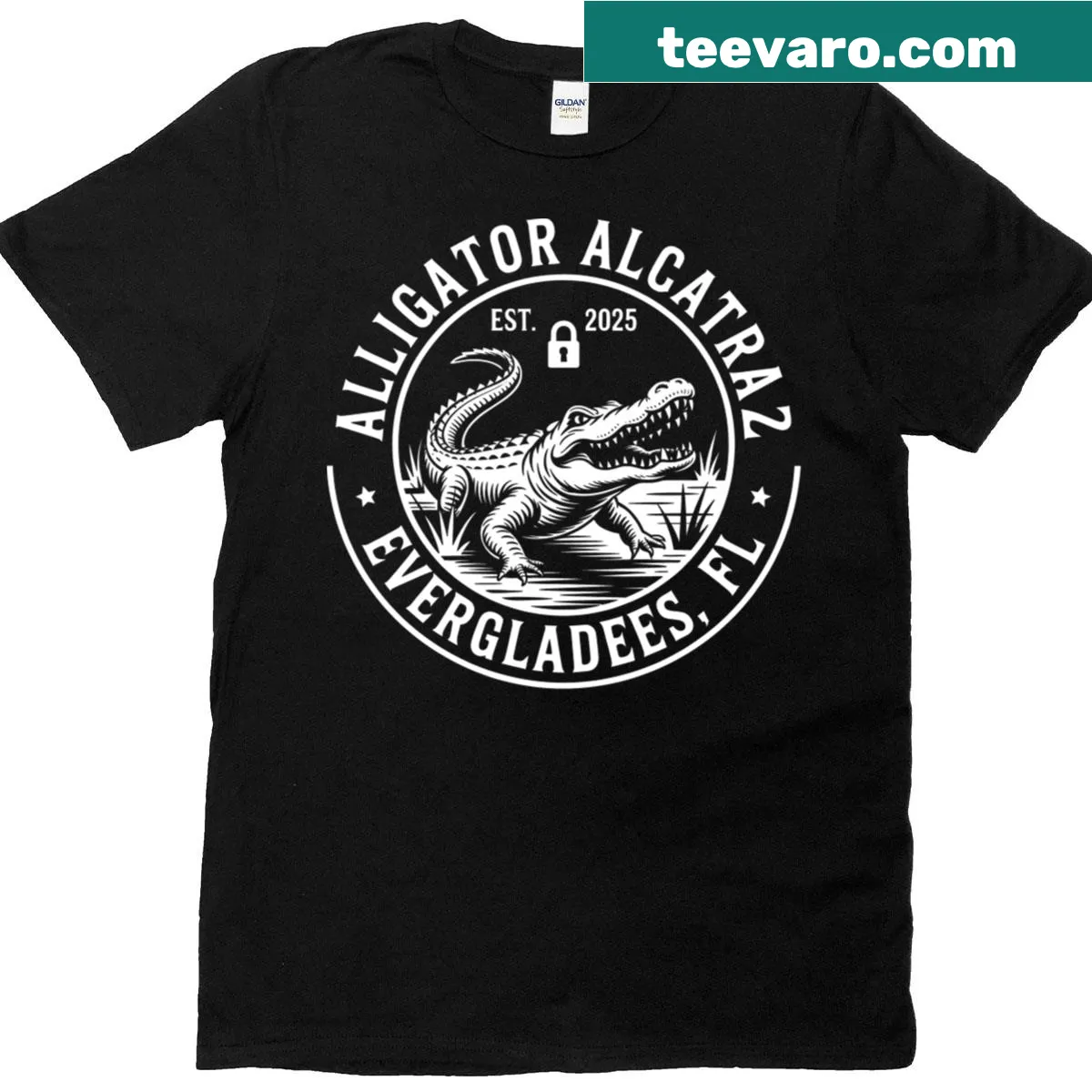 Vintage woodcut alligator protest badge graphic T-shirt — on a men's t-shirt