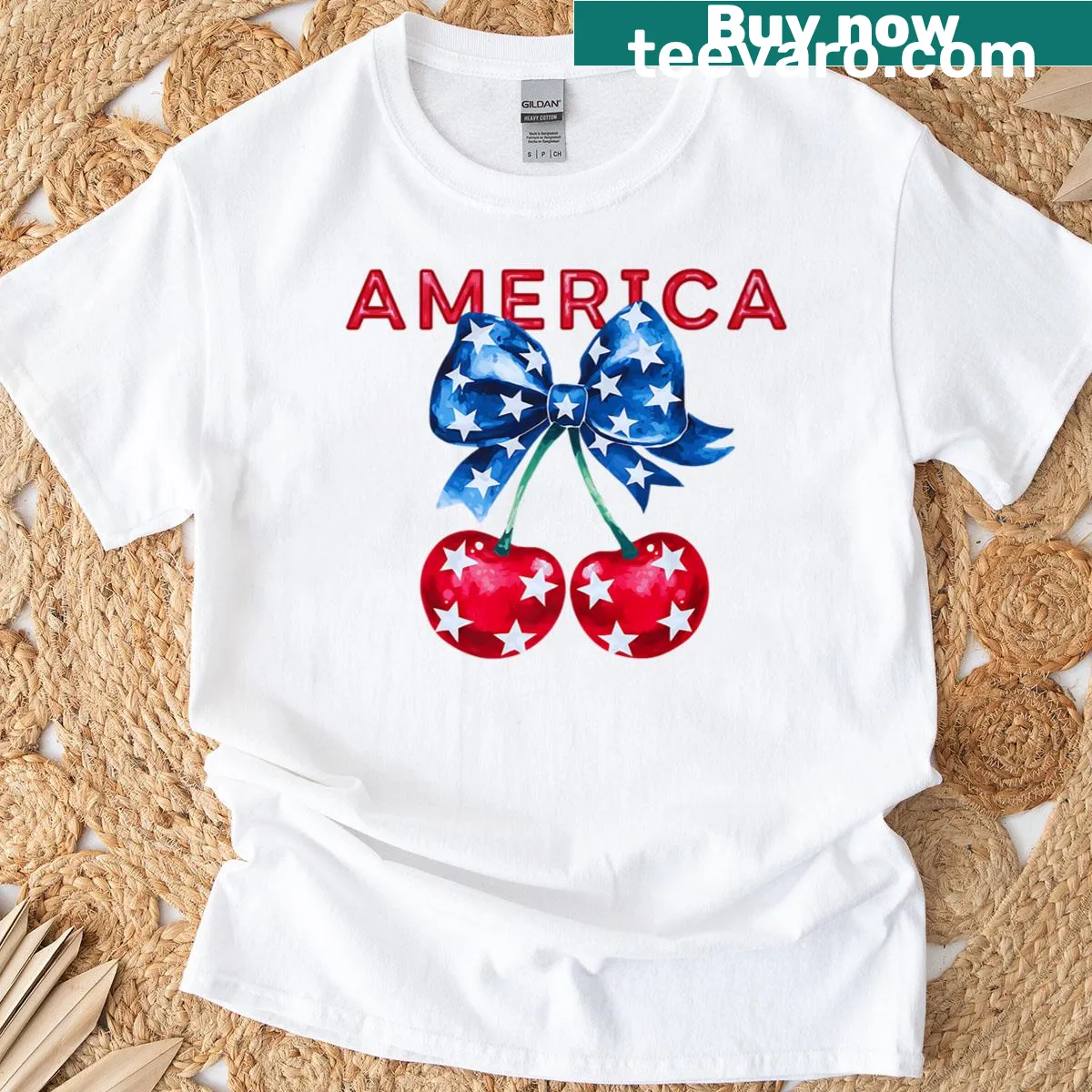 Vintage-style patriotic T-shirt with cherry bow and USA flag — on a men's t-shirt