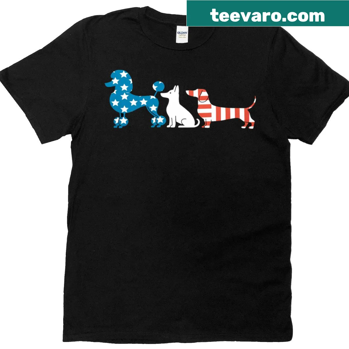 Cartoon dachshund design with 'Weenie The People' text for 4th of July — on a men's t-shirt