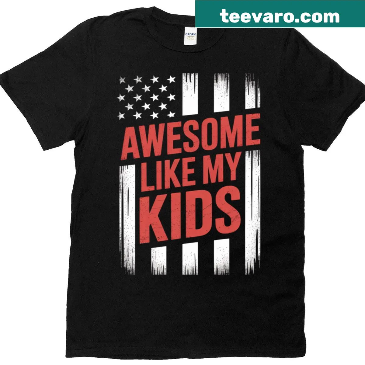 American flag T-shirt with 'Awesome Like My Kids' text for parents — on a men's t-shirt