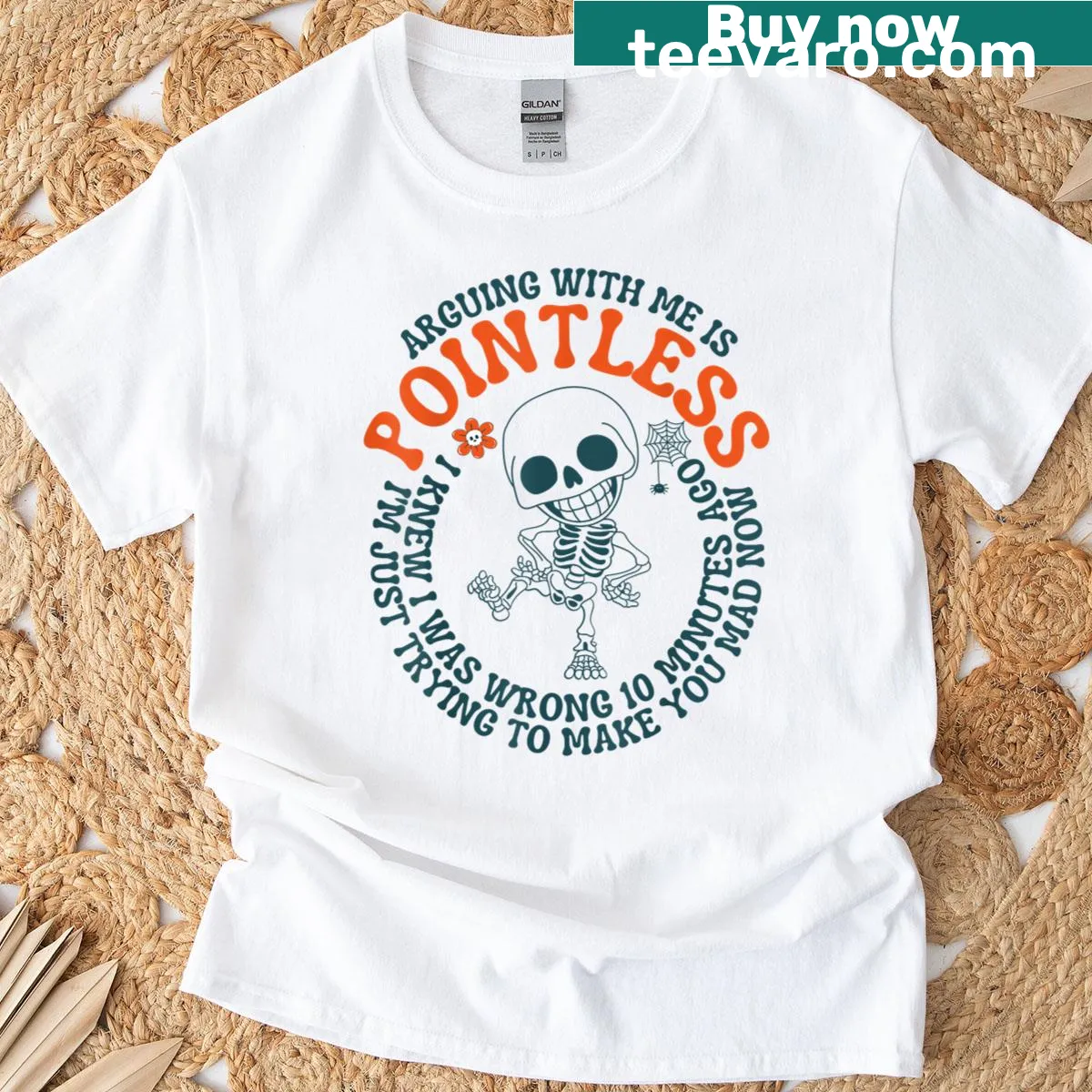 Funny skull t-shirt with humorous text about arguing — on a men's t-shirt