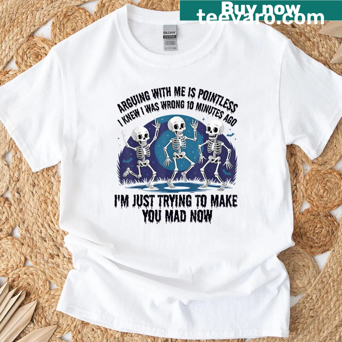 Halloween T-shirt with a cartoon skull and humorous phrase about arguing — on a men's t-shirt