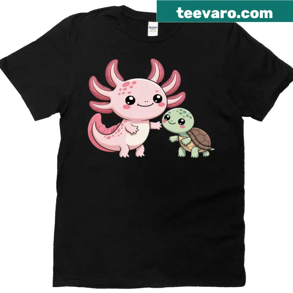 T-shirt with an axolotl hugging a tortoise