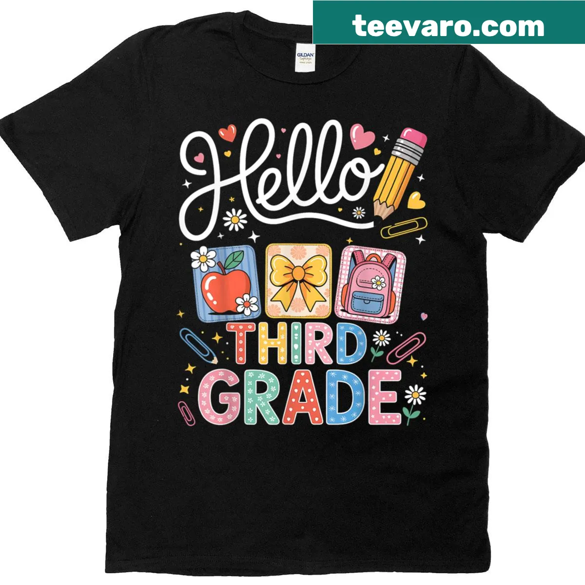 Hand-lettered design with pencil bow for third-grade teachers. — on a men's t-shirt