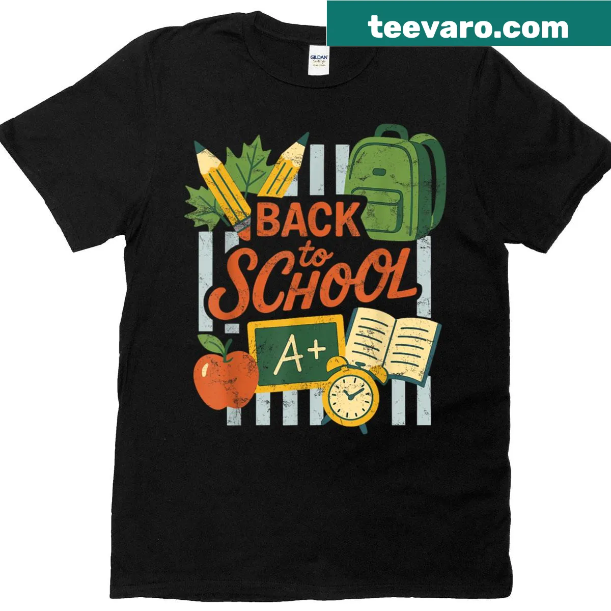 Retro style T-shirt for teachers celebrating back to school with educational graphics. — on a men's t-shirt
