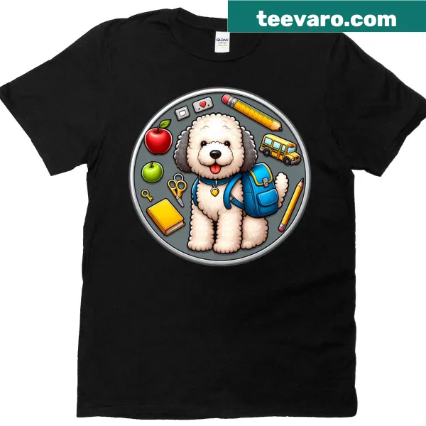 Playful illustration of a Spanish Water Dog for kids' back-to-school shirt.