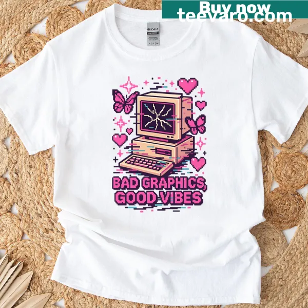 Retro pixel-art graphic with humorous text on a t-shirt
