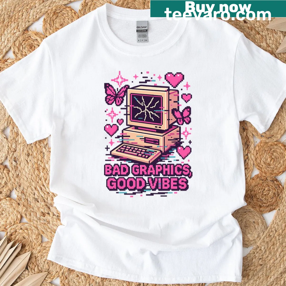 Retro pixel-art graphic with humorous text on a t-shirt — on a men's t-shirt