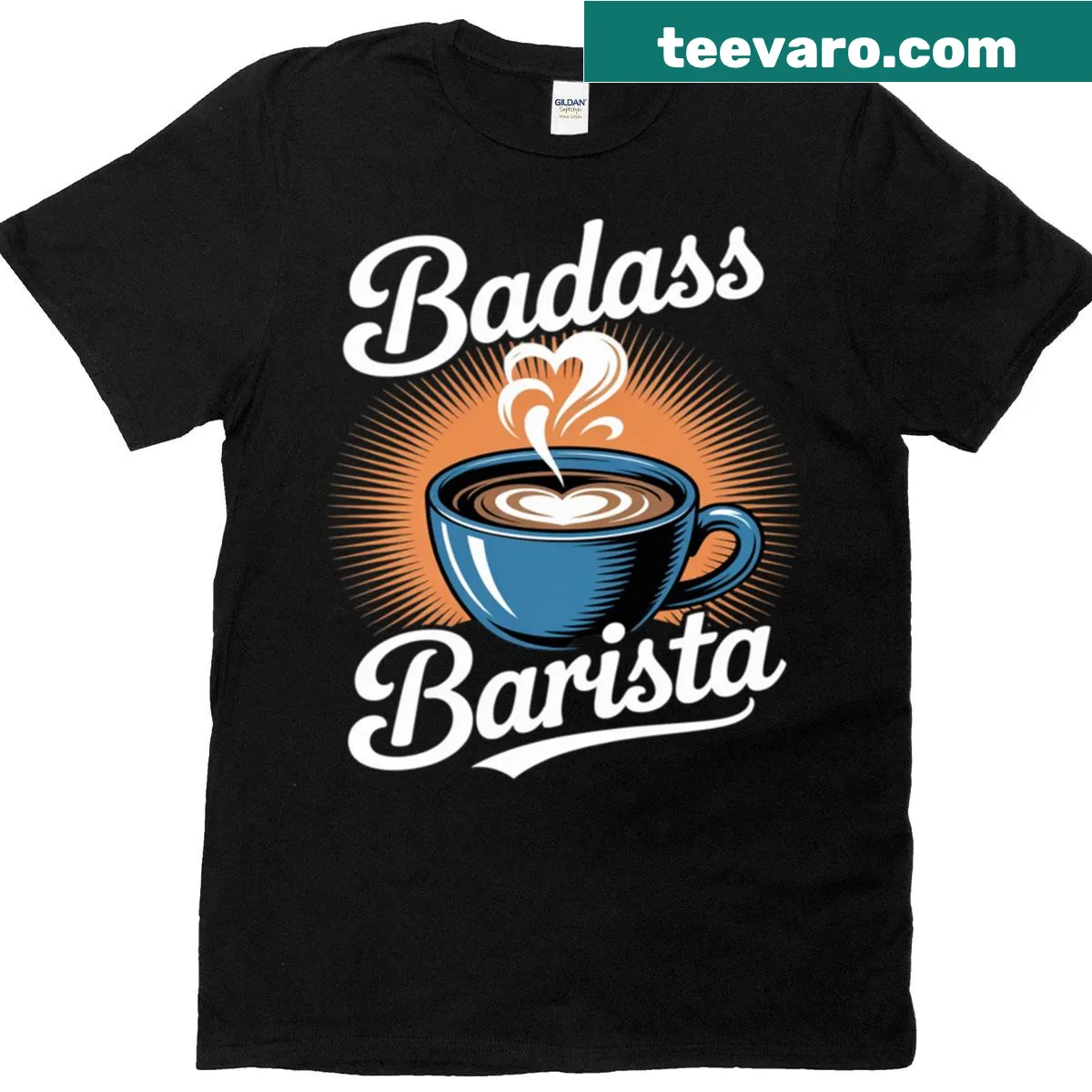Funny T-shirt for coffee lovers with bold text declaring badass barista vibes. — on a men's t-shirt
