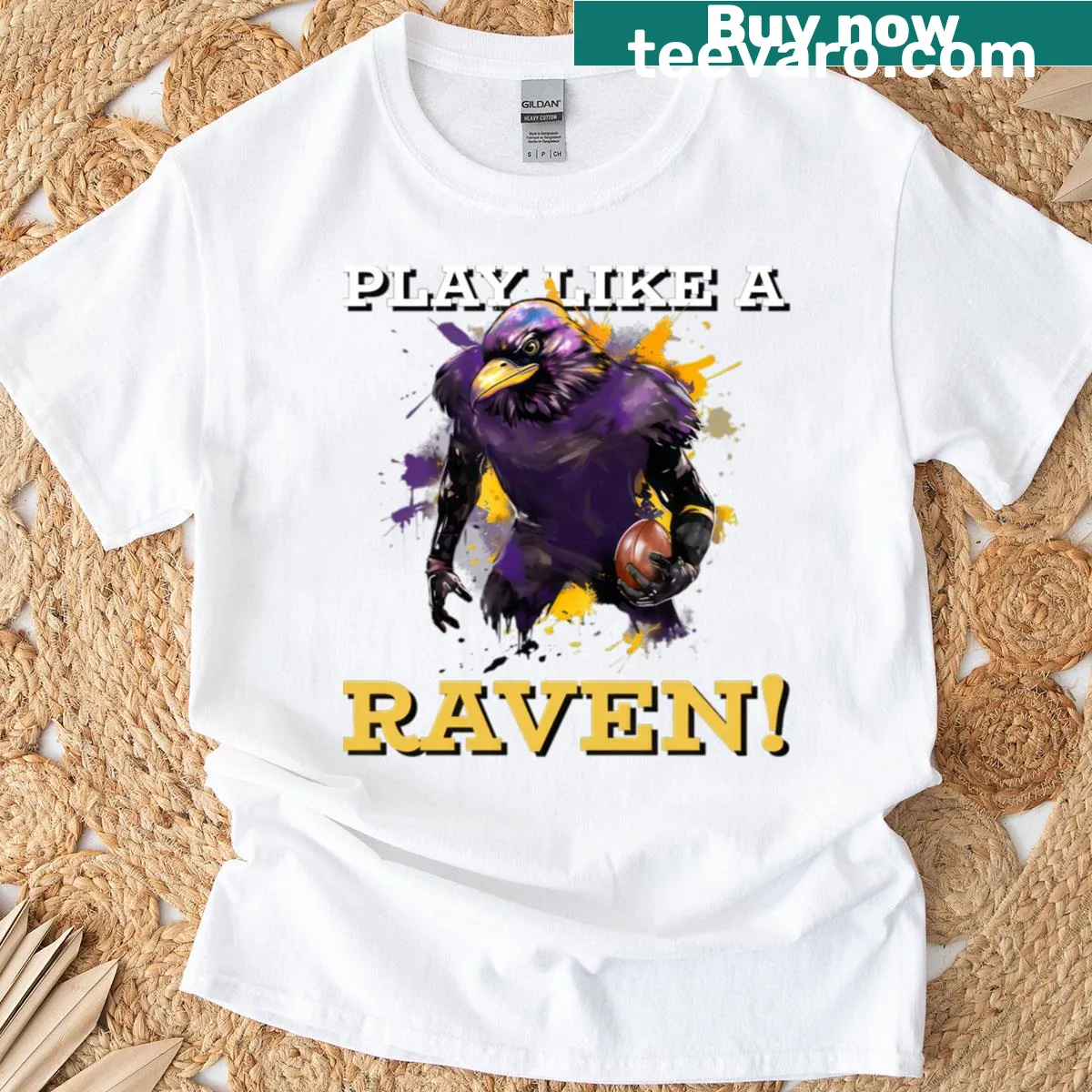 Baltimore Ravens T-shirt with 'Play Like A Raven' text and player number 56 — on a men's t-shirt