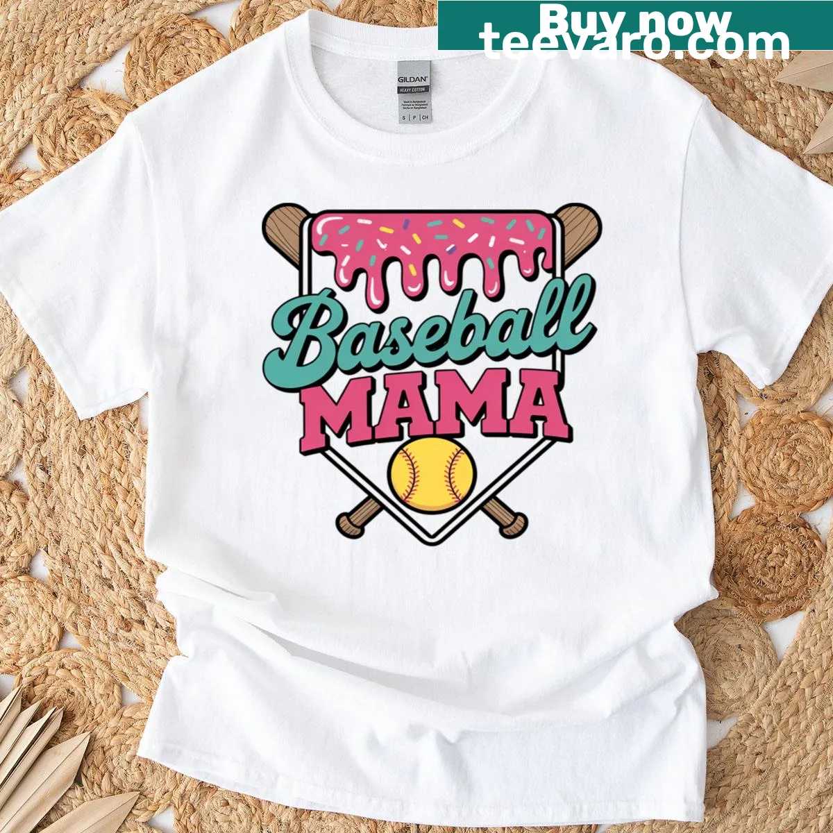 Illustrated T-shirt featuring a melting ice cream over a baseball — on a men's t-shirt