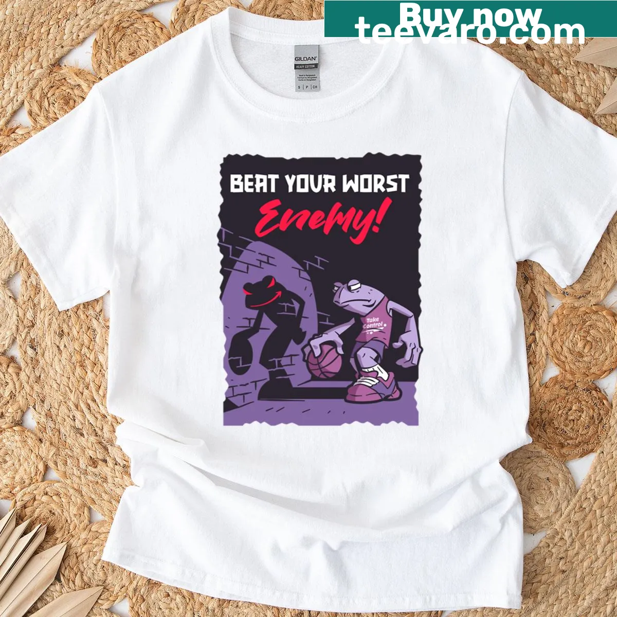 Motivational basketball t-shirt with 'Beat The Inner Enemy' text — on a men's t-shirt