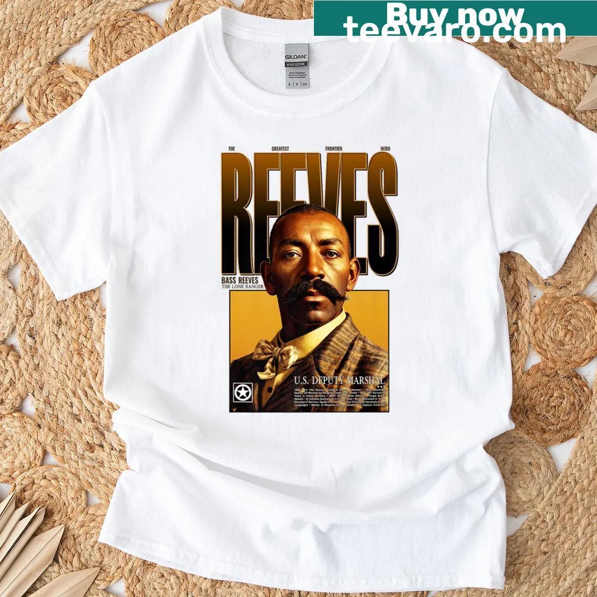 Bass Reeves tribute t-shirt featuring text about the Western lawman — on a men's t-shirt