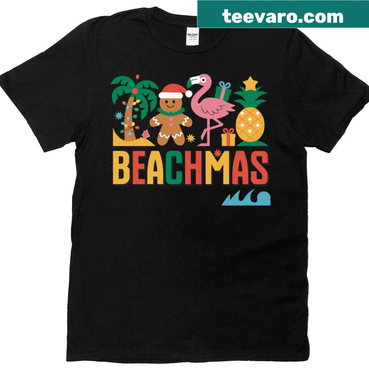 Tropical Christmas T-shirt featuring Santa on a beach for festive fun. — on a men's t-shirt