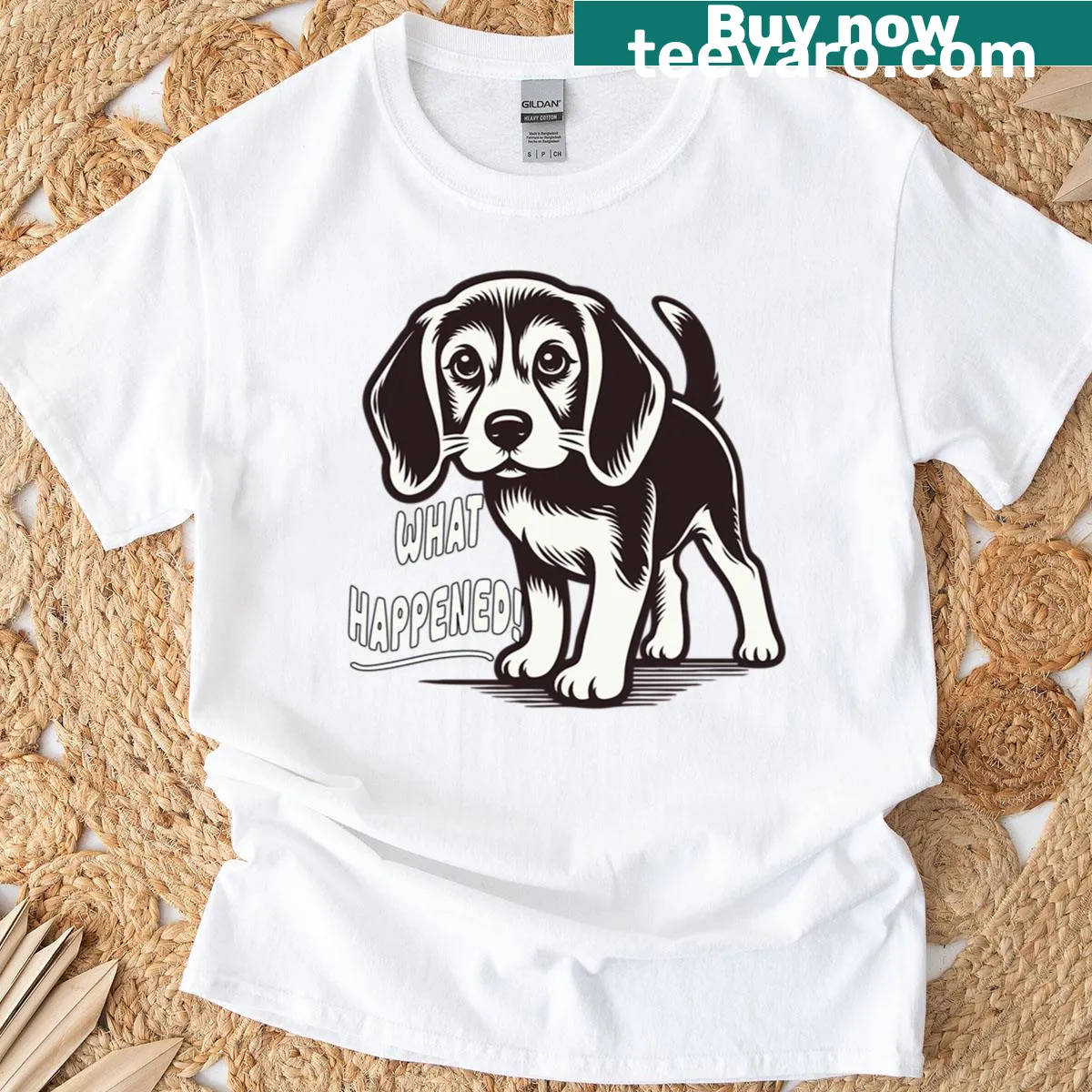 Cartoon beagle puppy with the phrase 'What Happened?' on a t-shirt — on a men's t-shirt