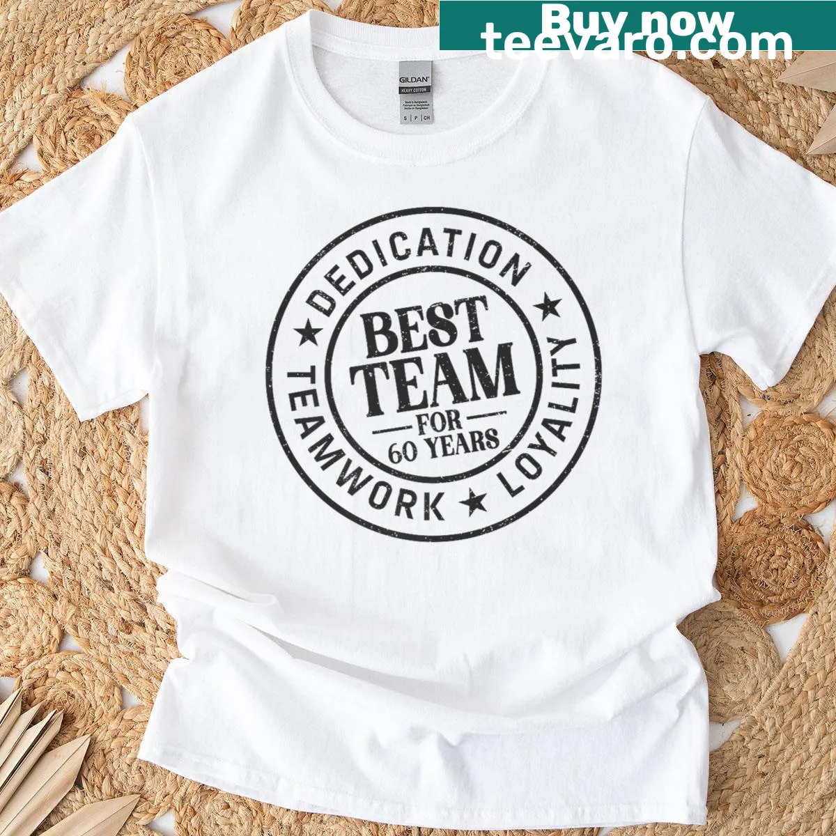 Stamp-style graphic t-shirt celebrating 60 years of teamwork — on a men's t-shirt