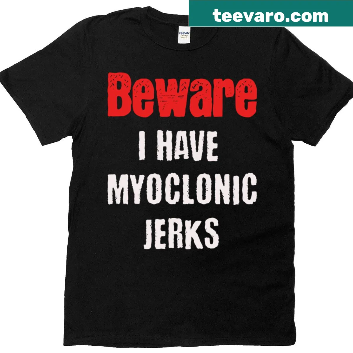Humorous oversized t-shirt warning about myoclonic jerks — on a men's t-shirt