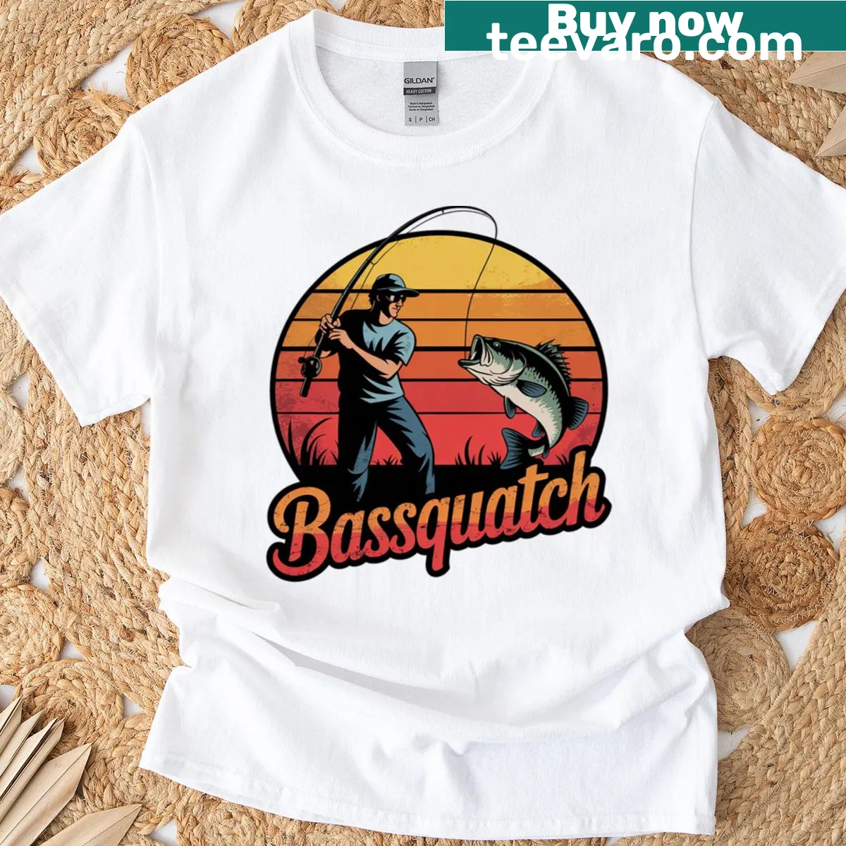 Fishing-themed T-shirt featuring Bassquatch and Bigfoot — on a men's t-shirt