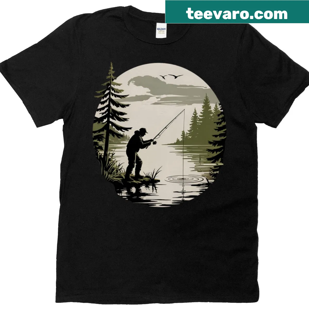 Funny Bigfoot fishing t-shirt with Sasquatch and trees graphic — on a men's t-shirt