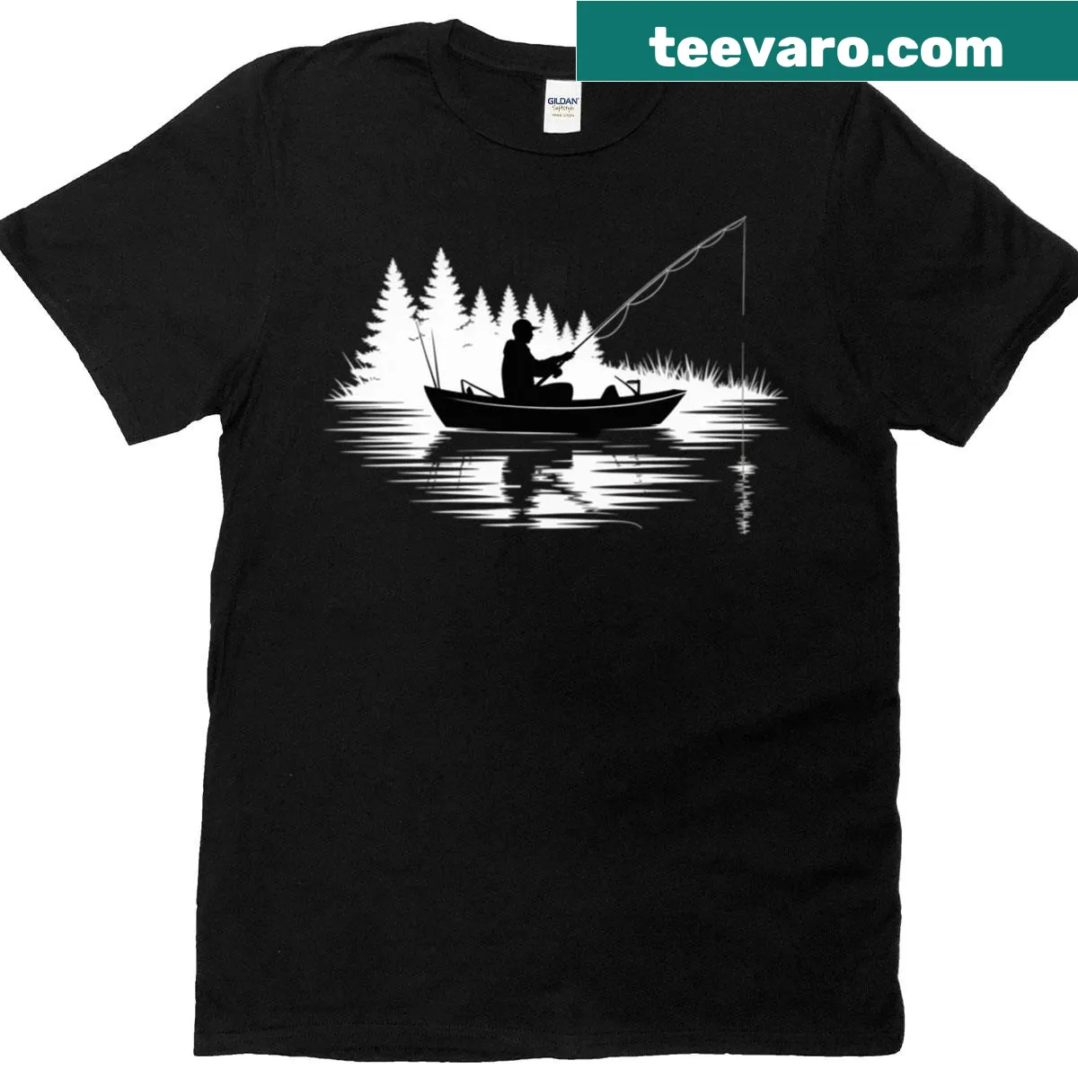 T-shirt featuring Bigfoot fishing among trees — on a men's t-shirt