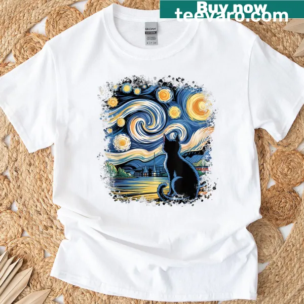 Illustration of a black cat against a starry night sky on a T-shirt