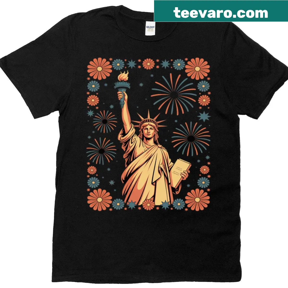 Floral Statue of Liberty T-shirt for Fourth of July — on a men's t-shirt