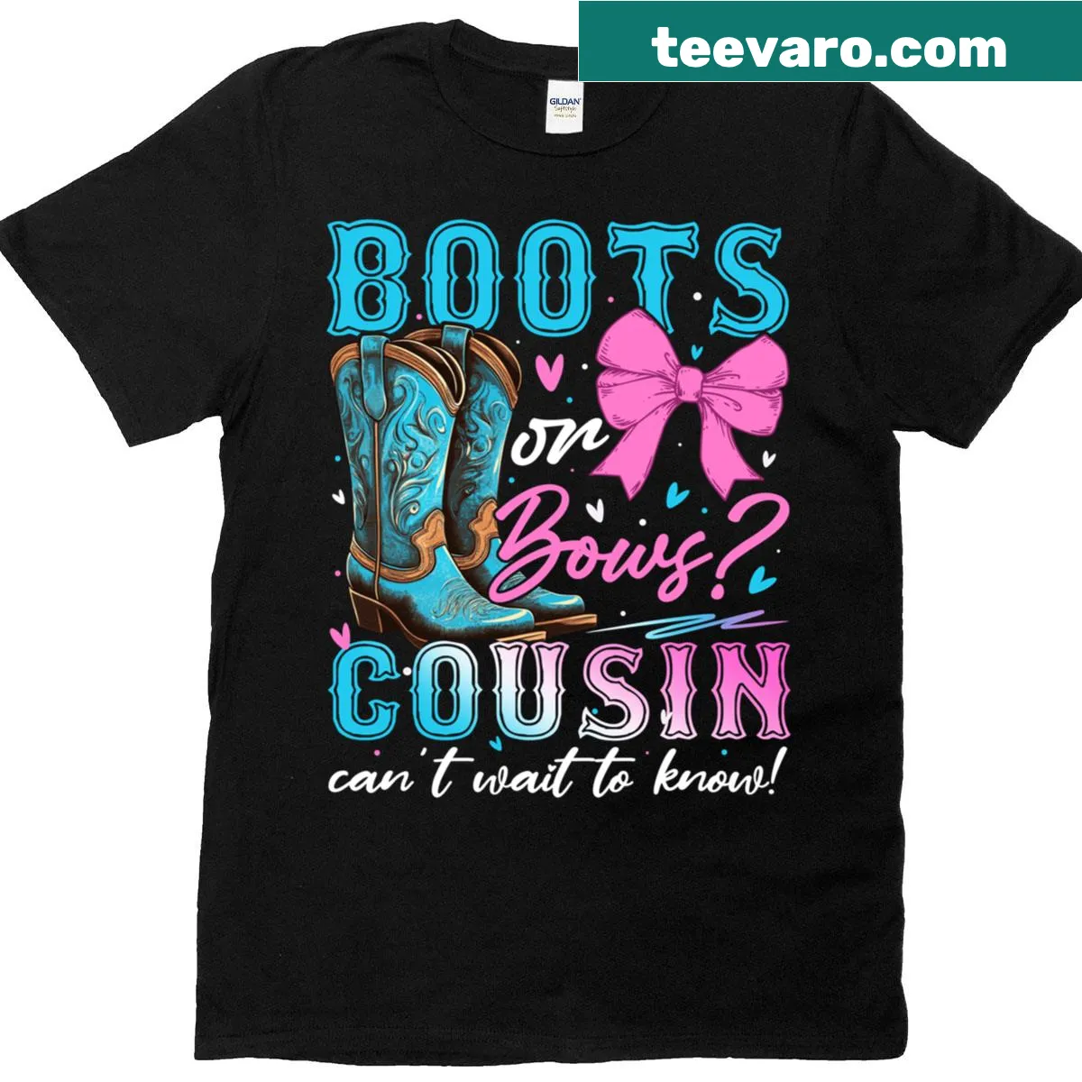 Cute gender reveal t-shirt with Boots or Bows graphic for kids — on a men's t-shirt