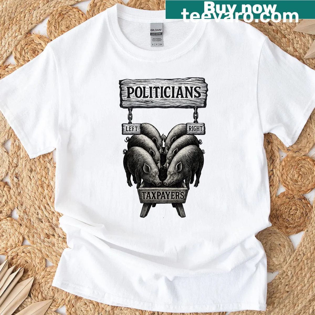 Political commentary T-shirt with bold text on taxpayer themes. — on a men's t-shirt