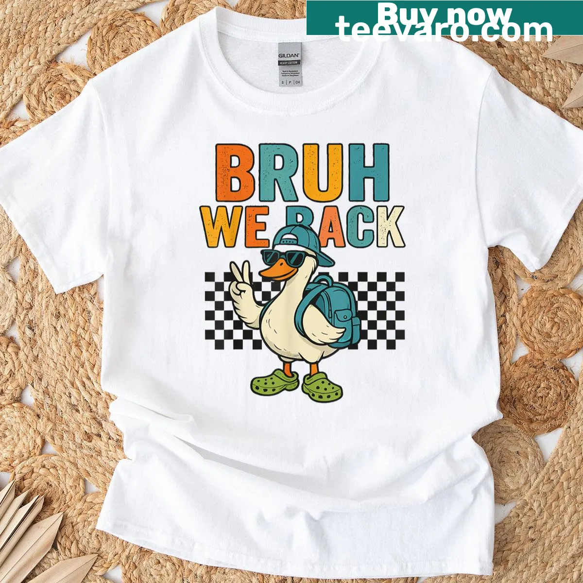 Cartoon goose with sunglasses and text 'Bruh, We Back!' on T-shirt — on a men's t-shirt