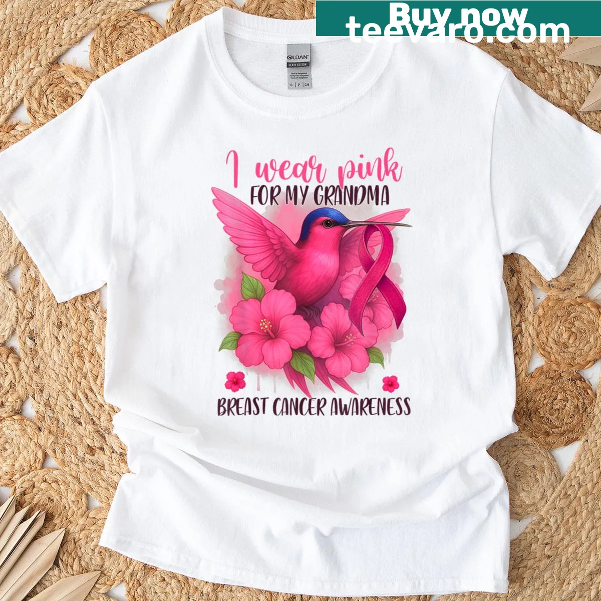 Text 'I Wear Pink For My Grandma' on T-shirt for breast cancer awareness — on a men's t-shirt