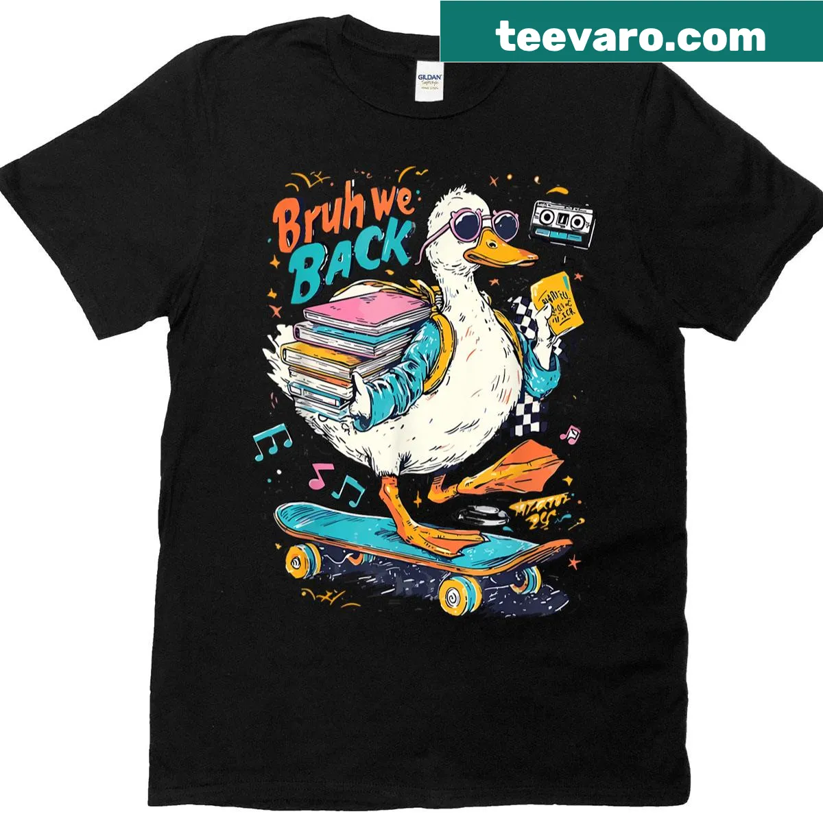 Funny teacher t-shirt with skateboard graphic and 'Bruh We Back' — on a men's t-shirt