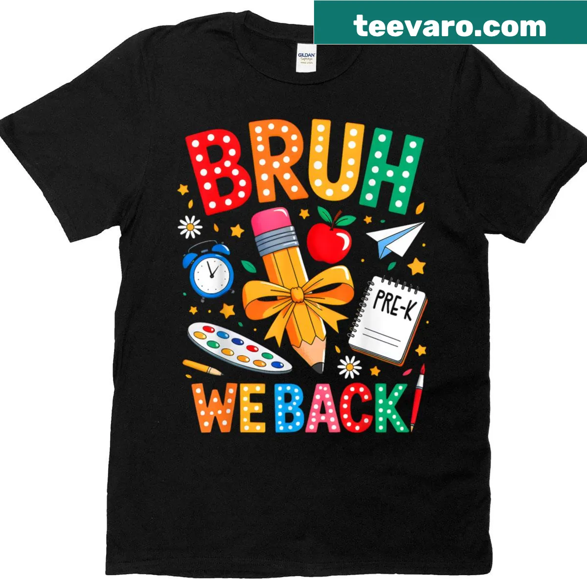 Pre-k teacher shirt with pencil and bow design and 'Bruh We Back' text — on a men's t-shirt