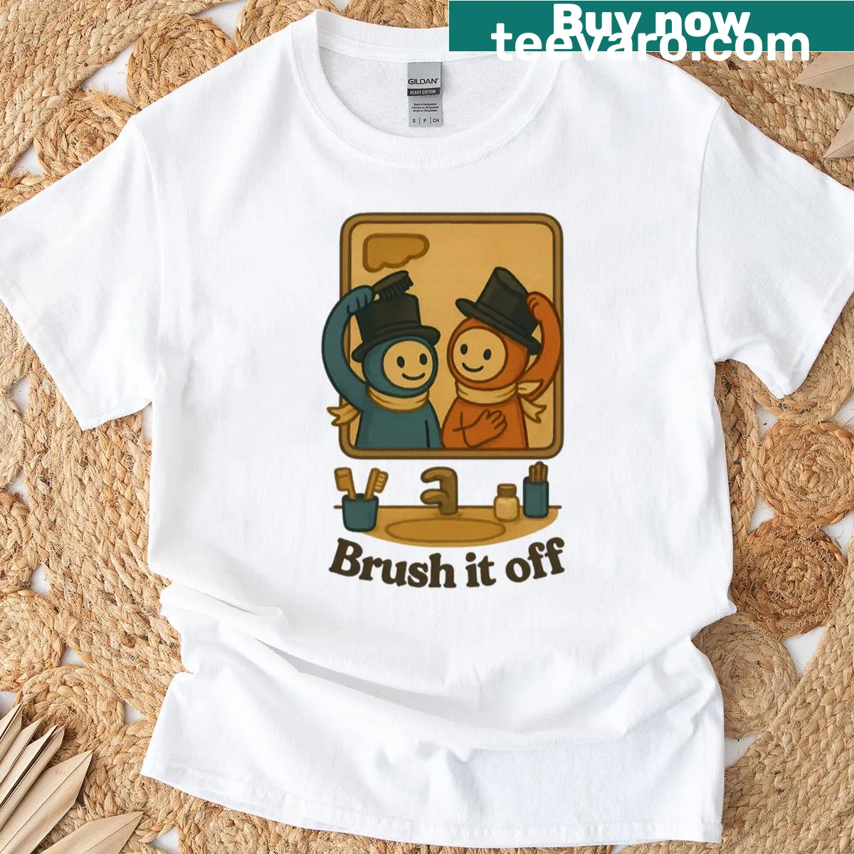 Couple scene embroidered on a T-shirt, humorously showcasing bathroom antics. — on a men's t-shirt