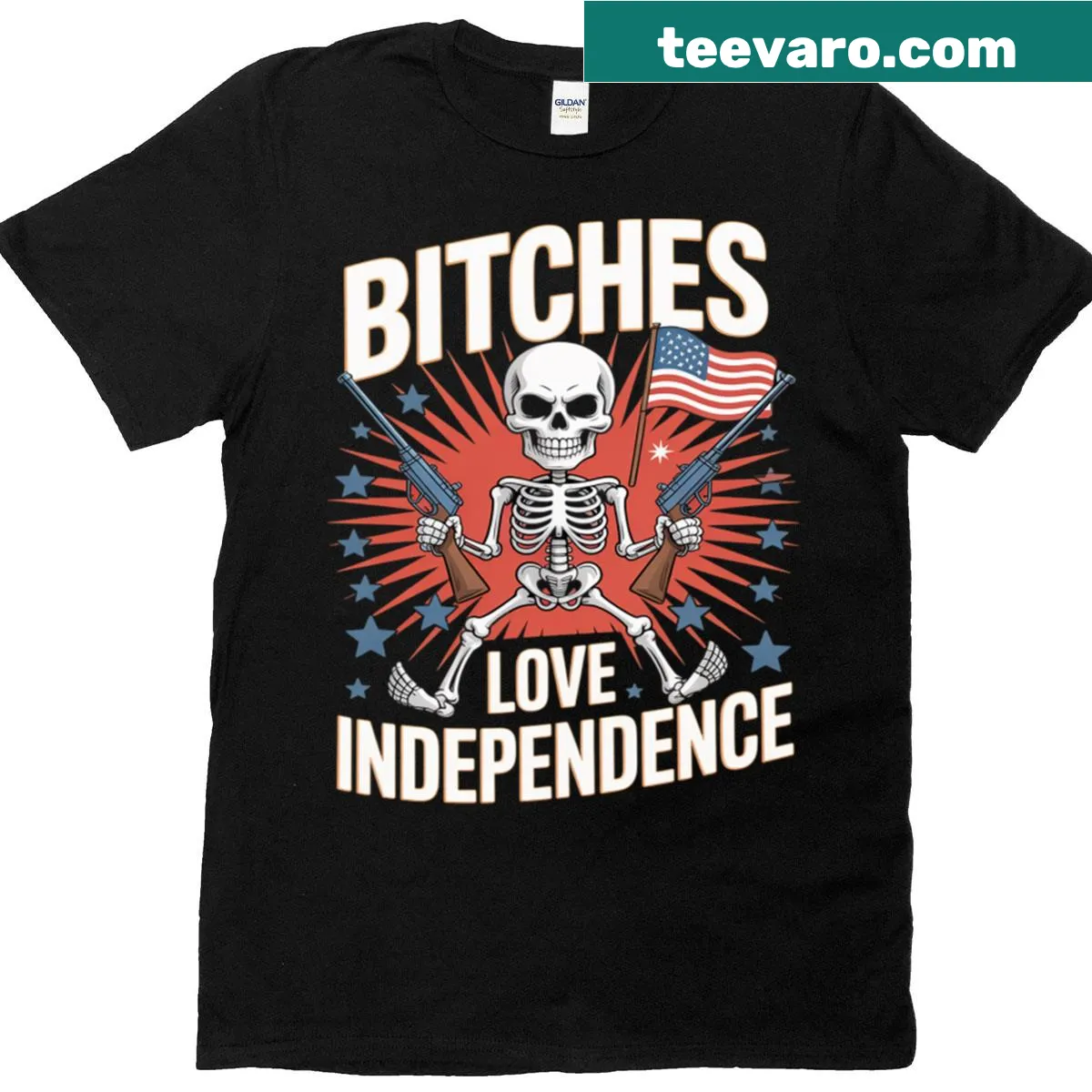 Skeleton graphic with 'Btches Love Independence' text for July 4th. — on a men's t-shirt