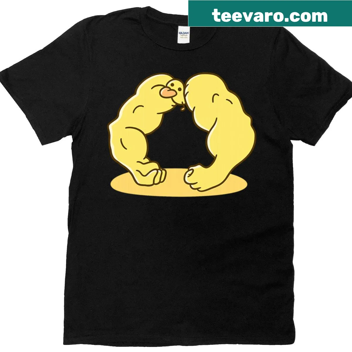 Playful cartoon design featuring a buff duck for a fun t-shirt — on a men's t-shirt