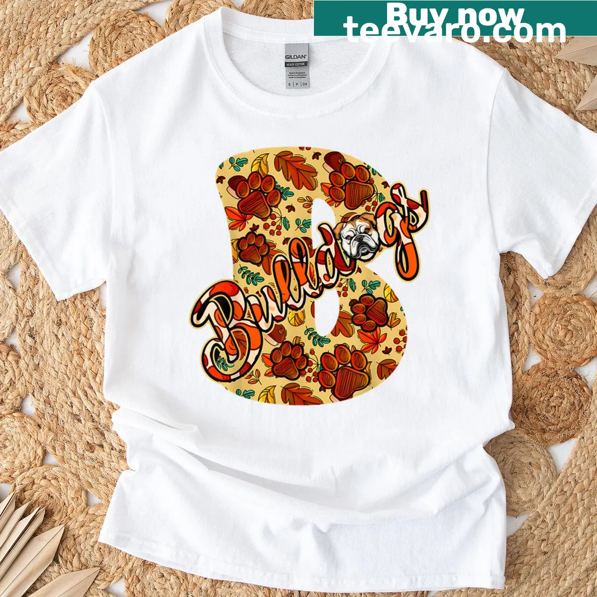 Vintage T-shirt for dog lovers featuring bulldogs and pumpkin spice graphics. — on a men's t-shirt