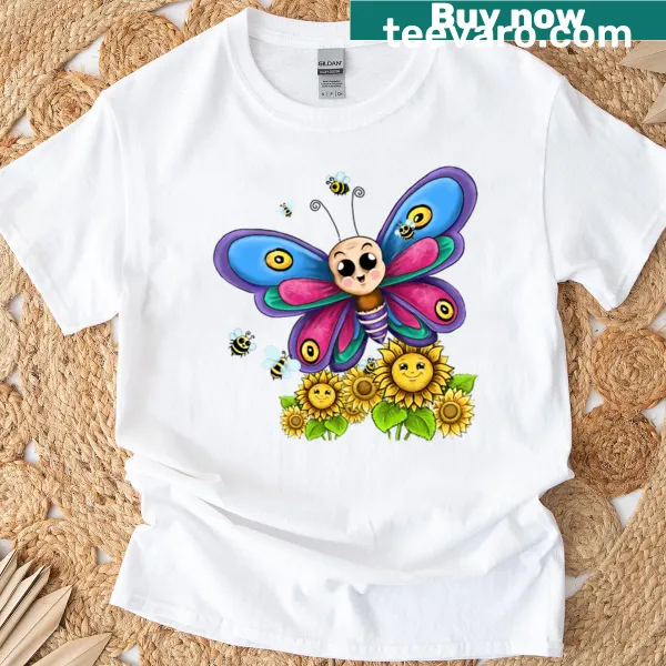 T-shirt featuring watercolor design of butterflies and sunflowers.