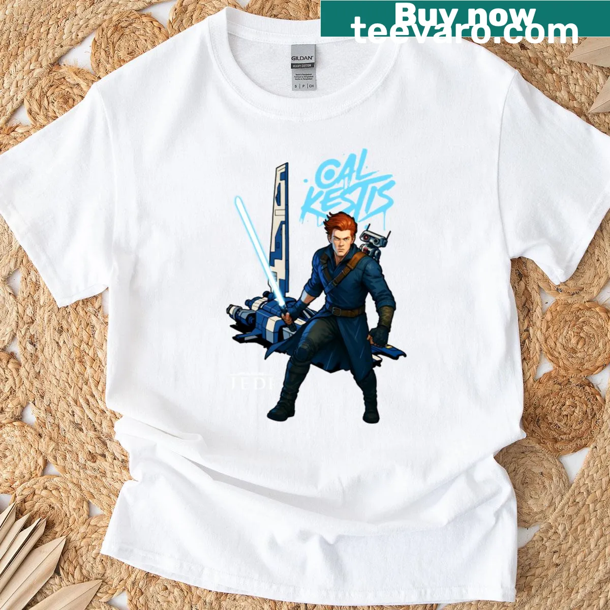 T-shirt featuring Cal Kestis and BD-1 in a dynamic cartoon design. — on a men's t-shirt