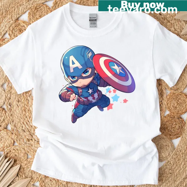 Illustration of Captain America's shield and emblem on a t-shirt.