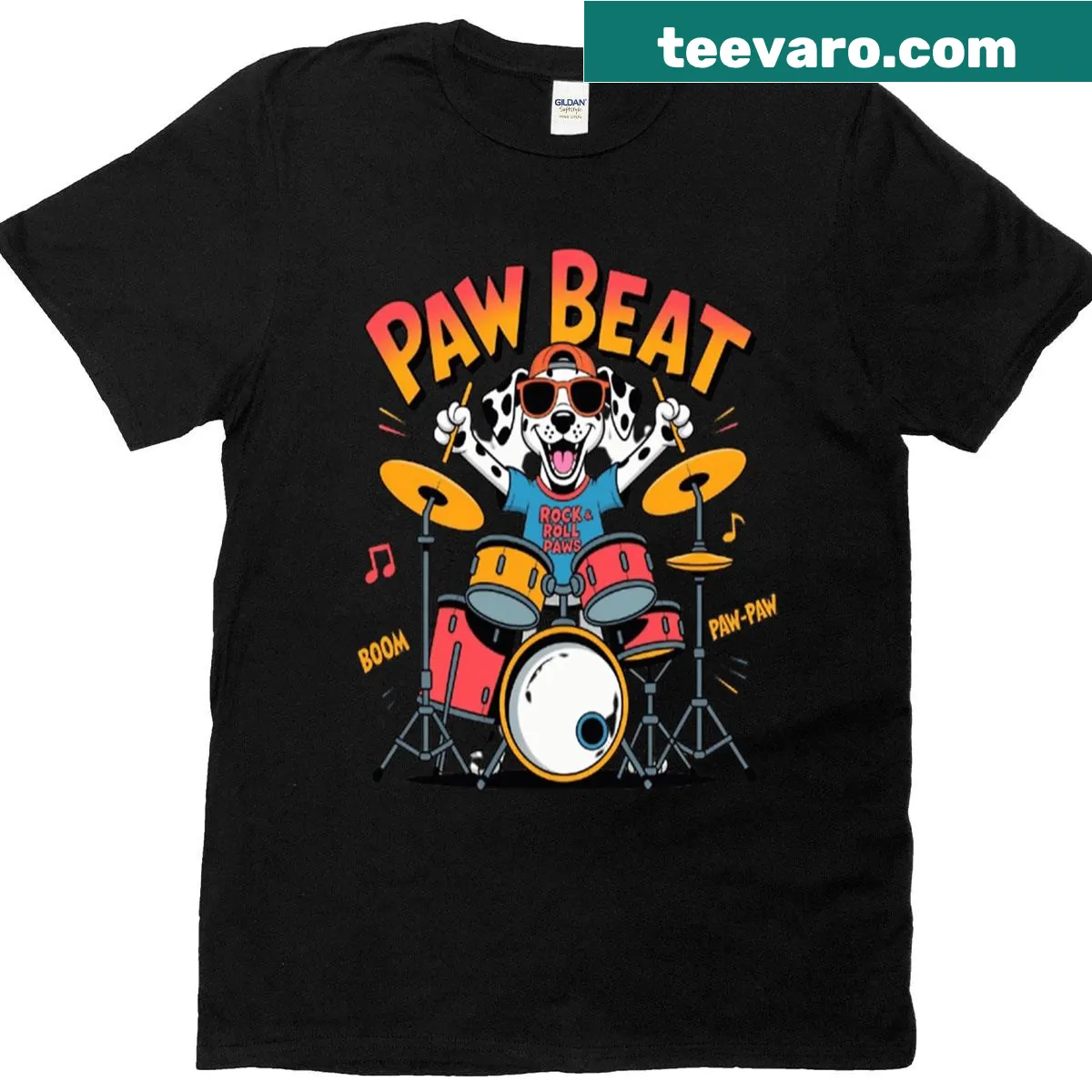 Cartoon Dalmatian playing drums graphic T-shirt — on a men's t-shirt