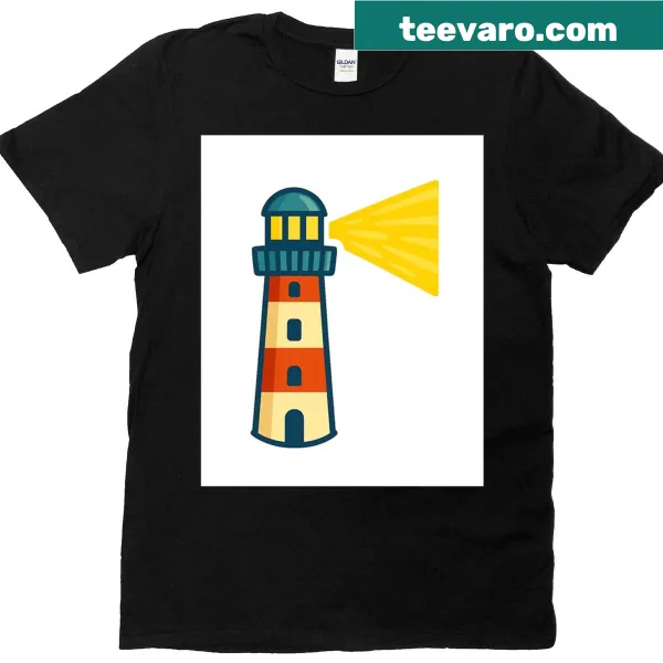 Cartoon lighthouse graphic by the sea on T-shirt