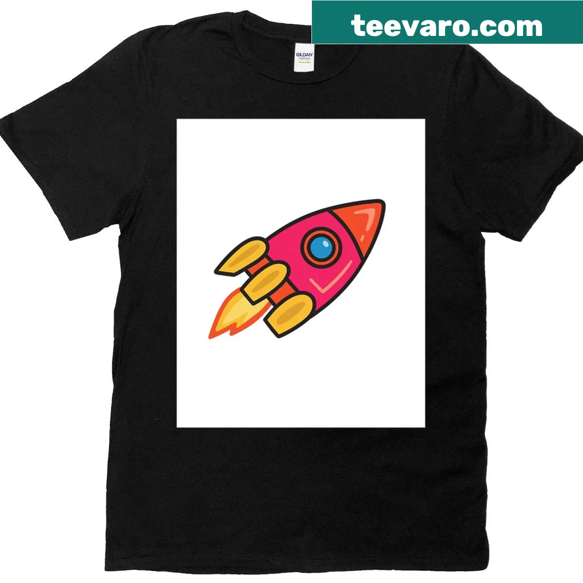 Cartoon rocket graphic T-shirt for space enthusiasts — on a men's t-shirt